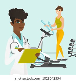 Young caucasian white woman doing exercises on elliptical trainer and african doctor physiotherapist writing medical indicators of sportswoman in a notepad. Vector cartoon illustration. Square layout.