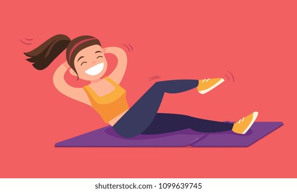 Young caucasian white woman doing crunches on a gym mat. Woman doing fitness exercise for upper and lower abs on the floor. Vector cartoon illustration isolated on solid background. Horizontal layout.