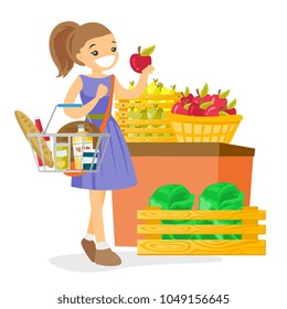 Young caucasian white woman holding basket with some products in it. Woman buying products at the supermarket and putting them into the shopping basket. Vector cartoon illustration. Square layout.