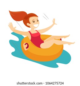 Young Caucasian White Woman On Rubber Ring Riding Down A Waterslide At The Aquapark. Happy Woman Having Fun On A Water Slide In Waterpark. Vector Cartoon Illustration Isolated On White Background.