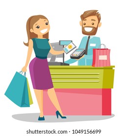 Young caucasian white woman paying wireless with her smartphone. Cashier accepting payment for purchase with a smartphone. Vector cartoon illustration isolated on white background. Square layout. Young caucasian white woman paying wireless with her smartphone. Cashier accepting payment for purchase with a smartphone. Vector cartoon illustration isolated on white background. Square layout.