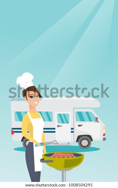 Young caucasian white woman preparing meat on\
grill on the background of camper van. Woman travelling by camper\
van and barbecuing meat outdoors. Vector cartoon illustration.\
Vertical layout.
