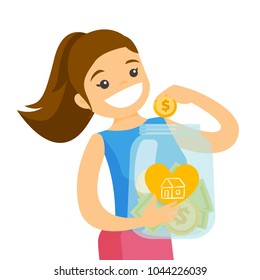 Young caucasian white woman putting a dollar coin in a glass jar to buy a house. Concept of saving money and money investment in real estate. Vector cartoon illustration isolated on white background.