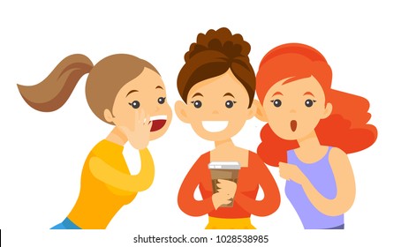 Young caucasian white woman shielding her mouth and whispering a gossip to her friends. Three women discussing gossips. Vector cartoon illustration isolated on white background. Horizontal layout.