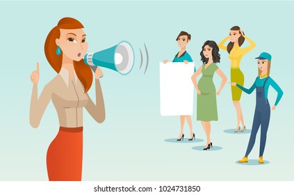 Young caucasian white woman shouting into a loudspeaker at a feminist protest action in a crowd of women - woman with a poster, pregnant woman, female worker in overalls. Vector cartoon illustration.