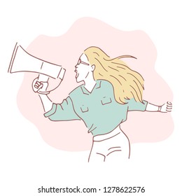 Young caucasian white woman shouting into a loudspeaker at a feminist protest action in a crowd of women. Vector cartoon illustration.