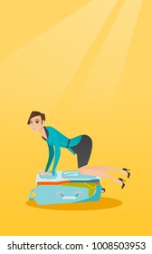 Young caucasian white woman sitting on a suitcase and trying to close it. Frustrated woman having problems with packing a lot of clothes into a suitcase. Vector cartoon illustration. Vertical layout.