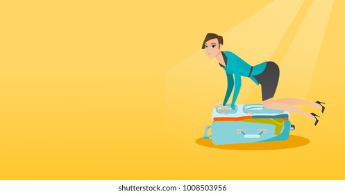 Young caucasian white woman sitting on a suitcase and trying to close it. Frustrated woman having problems with packing a lot of clothes into a suitcase. Vector cartoon illustration. Horizontal layout
