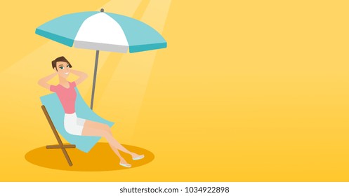 Young caucasian white woman sitting on the chaise-longue under beach umbrella. Happy woman resting on the chaise-longue with folded arms behind her head. Vector cartoon illustration. Horizontal layout