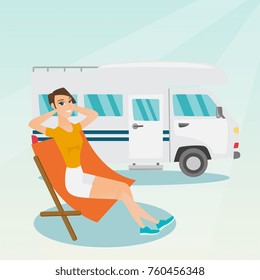 Young caucasian white woman sitting in a folding chair and giving thumb up on the background of camper van. Smiling woman enjoying vacation in a camper van. Vector cartoon illustration. Square layout.