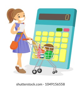 Young caucasian white woman standing near shopping cart and big calculator. Woman checking prices on calculator during shopping. Vector cartoon illustration isolated on white background. Square layout