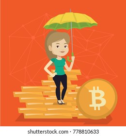 Young caucasian white woman with umbrella protecting her golden bitcoin coins. Cryptocurrency cold wallet, insurance and safe storage of bitcoins concept. Vector cartoon illustration. Square layout.