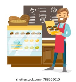 Young caucasian white worker of the bakery standing near the counter with cakes and offering pastry. Smiling salesman working in the bakery. Vector cartoon illustration isolated on white background.