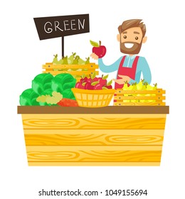 Young caucasian white worker of grocery store standing in the section with vegetables and fruit. Male seller offering fresh organic food. Vector cartoon illustration isolated on white background.