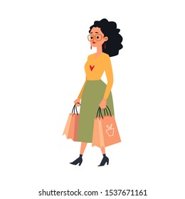 Young caucasian woman or brunette girl in skirt and glasses holds and carries paper bags with purchases, concept of female shopping in shop. Isolated vector flat illustration of a woman in store.