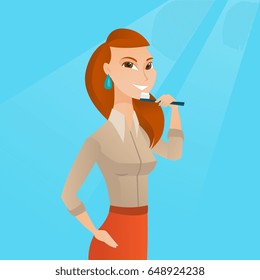 Young caucasian woman brushing teeth. Smiling woman cleaning teeth. Happy woman with a toothbrush in hand. Dentistry and tooth care concept. Vector flat design illustration. Square layout.