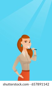 Young caucasian woman brushing teeth. Smiling woman cleaning teeth. Happy woman with a toothbrush in hand. Dentistry and tooth care concept. Vector flat design illustration. Vertical layout.