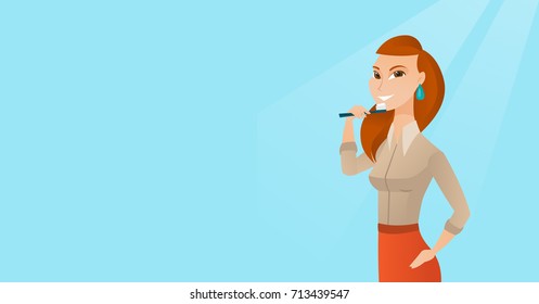 Mulher caucasiana jovem escovando dentes. Mulher sorridente limpando dentes. Mulher alegre cuidando dos dentes. Menina feliz com uma escova de dentes na mão. Ilustração de design plano vetorial. Layout horizontal.