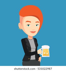 Young caucasian woman celebrating with beer. Smiling woman holding a big glass of beer. Full length of female beer fan. Vector flat design illustration. Square layout.