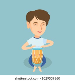 Young caucasian woman with closed eyes playing the ethnic drum. Musician sitting on the floor with an ethnic drum. Woman playing ethnic music on tom-tom. Vector cartoon illustration. Square layout.