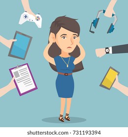Young caucasian woman clutching head and many hands with gadgets around her. Woman in despair surrounded by gadgets. Woman using many electronic gadgets. Vector cartoon illustration. Square layout.