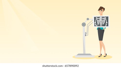 Young caucasian woman during chest x ray procedure. Smiling woman with a x ray screen showing skeleton. Happy patient visiting a roentgenologist. Vector flat design illustration. Horizontal layout.