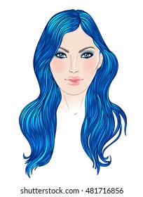 Young Caucasian woman with dyed blue hair Fashion vector illustration isolated on white. Can be used as a face chart or for hairdressers. Skincare, professional hairdressing, beauty salon concept.