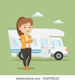 Young caucasian woman enjoying her vacation in motor home. Happy woman standing with arms crossed in front of motor home. Woman traveling by motor home. Vector flat design illustration. Square layout.