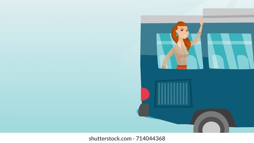 Young caucasian woman enjoying her trip by bus. Happy passenger waving hand from bus window. Cheerful tourist peeking out of bus window and waving hand. Vector cartoon illustration. Horizontal layout.