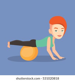 Young caucasian woman exercising with fitball. Woman training triceps and biceps while doing push ups on fitball. Woman doing exercises on fitball. Vector flat design illustration. Square layout