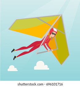 Young caucasian woman flying on hang-glider. Sportswoman taking part in hang gliding competitions. Woman having fun while gliding on deltaplane in sky. Vector flat design illustration. Square layout.