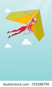 Young caucasian woman flying on hang-glider. Sportswoman taking part in hang gliding competitions. Woman having fun while gliding on deltaplane in sky. Vector flat design illustration. Vertical layout