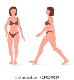 Young Caucasian Woman, Full Body Of A Woman, Front And Side Views. Isometric Vector Illustration Of A Person Standing Still And A Person Walking.