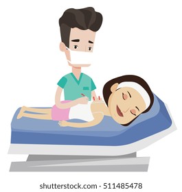 Young caucasian woman getting acupuncture treatment. Acupuncturist doctor performing acupuncture therapy on back of a female customer. Vector flat design illustration isolated on white background.