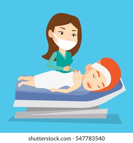 Young caucasian woman getting acupuncture treatment in a spa center. Acupuncturist doctor performing acupuncture therapy on back of a customer in salon. Vector flat design illustration. Square layout.