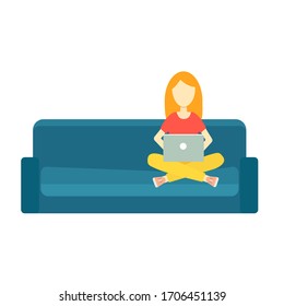 Young Caucasian woman girl student with red hair sitting on blue couch working on laptop. Home office freelance distant work home online education concept