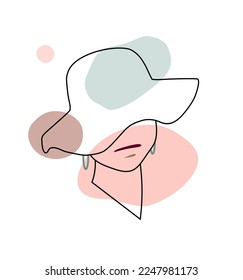 Young caucasian woman in a hat with a wide brim covering her face isolated on white background. Minimalist illustration. Trendy pastel color design