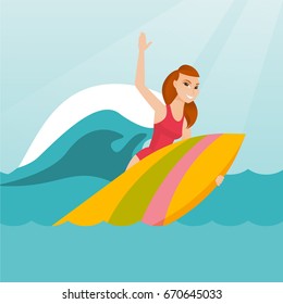 Young caucasian woman having fun during execution of a move on an ocean wave. Happy surfer in action on a surfboard. Lifestyle and water sport concept. Vector flat design illustration. Square layout.