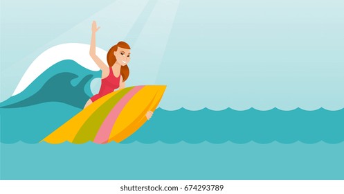 Young caucasian woman having fun during execution of move on an ocean wave. Happy surfer in action on a surfboard. Lifestyle and water sport concept. Vector flat design illustration. Horizontal layout