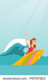 Young caucasian woman having fun during execution of a move on an ocean wave. Happy surfer in action on a surfboard. Lifestyle and water sport concept. Vector flat design illustration. Vertical layout