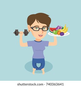 Young caucasian woman holding healthy fruits and a dumbbell in hands. Woman choosing healthy lifestyle. Healthy lifestyle concept. Vector cartoon illustration. Square layout.