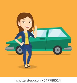 Young caucasian woman holding keys to her new car. Happy woman showing key to her new car. Smiling woman standing on the backgrond of her new car. Vector flat design illustration. Square layout.
