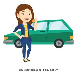 Young caucasian woman holding keys to her new car. Happy woman showing key to her new car. Woman standing on the backgrond of her new car. Vector flat design illustration isolated on white background.