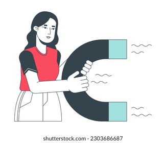 Young caucasian woman holding magnet flat line color vector character. Editable outline half body person on white. Attraction marketing simple cartoon spot illustration for web graphic design