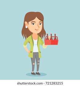 Young caucasian woman holding pack of beer. Full length of cheerful woman carrying a six pack of beer. Happy smiling woman with beer. Vector cartoon illustration. Square layout.