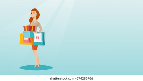 Young caucasian woman holding shopping bags and gift boxes. Woman carrying shopping bags and gift boxes. Woman standing with a lot of shopping bags. Vector flat design illustration. Horizontal layout.