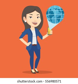 Young caucasian woman holding a smartphone with a model of planet earth coming out of the device. International technology communication concept. Vector flat design illustration. Square layout.