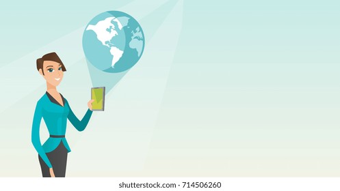Young caucasian woman holding a smartphone with a model of the planet earth coming out of the device. Concept of international technology communication. Vector cartoon illustration. Horizontal layout.
