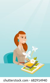 Young caucasian woman holding tablet computer above the book and looking at butterflies flying out from the device. Concept of augmented reality. Vector cartoon illustration. Vertical layout.