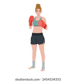 Young caucasian woman kick boxer standing and posing. Flat vector illustration isolated on white background